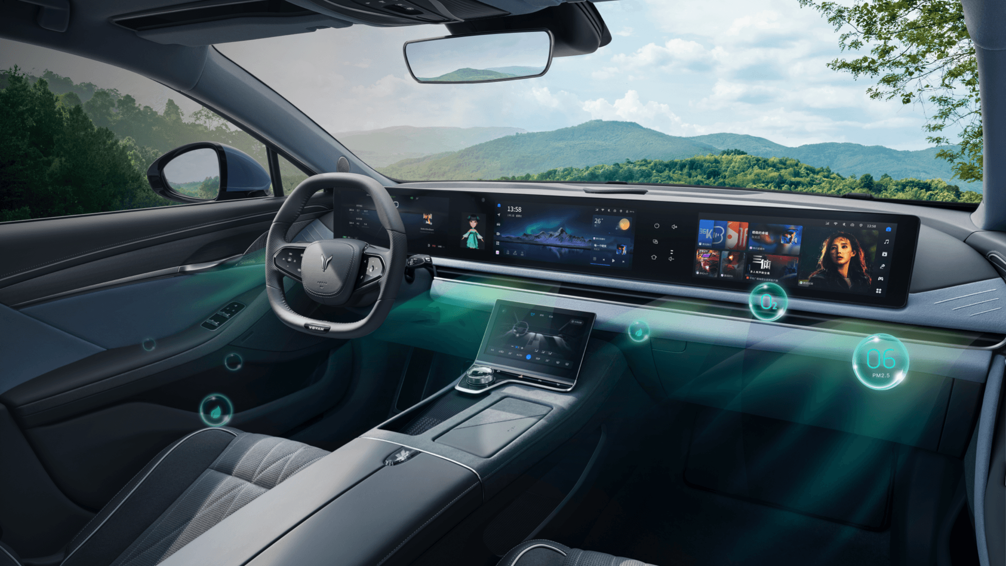 Futuristic supercar driving through a city at sunset with neon reflections